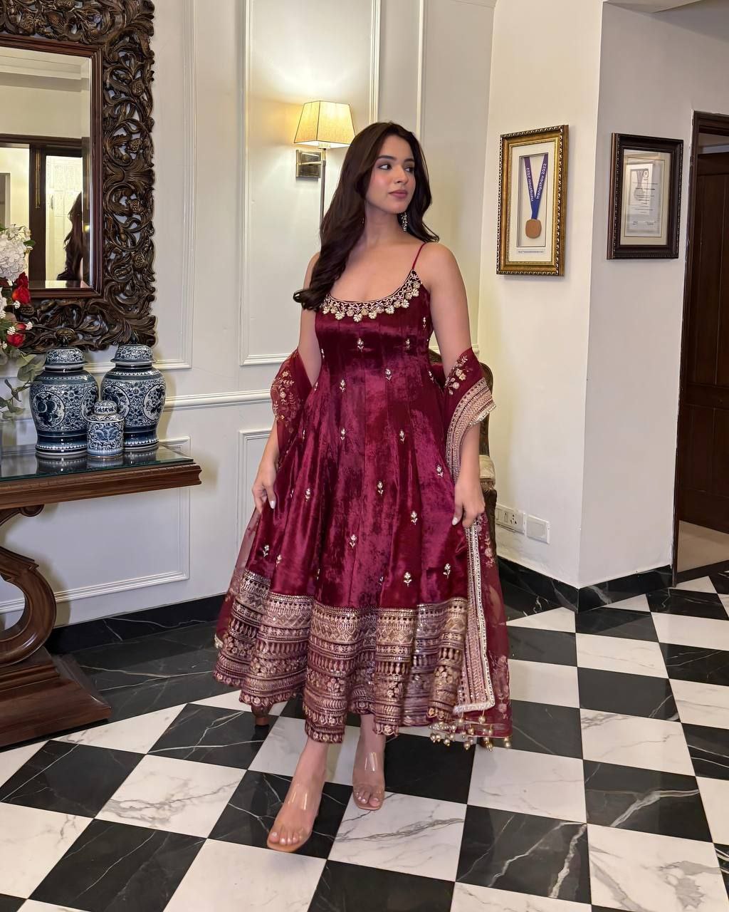 Regal Vichitra Silk Gown Set with Zari-Coding & Dupatta
