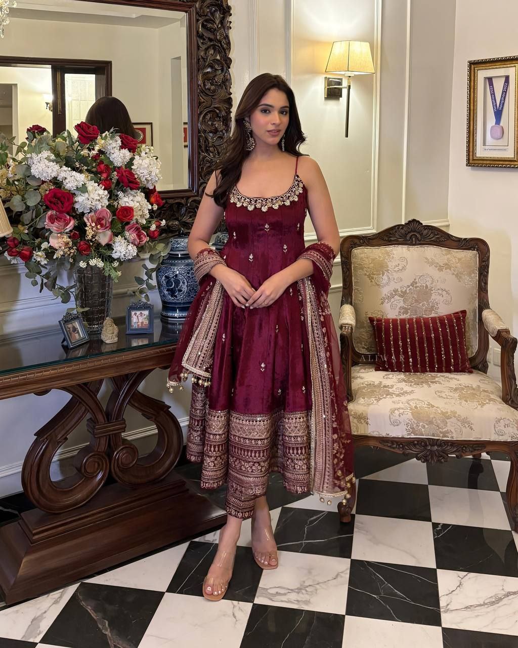 Regal Vichitra Silk Gown Set with Zari-Coding & Dupatta