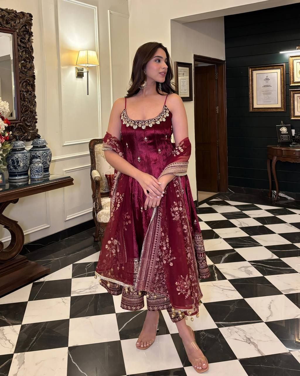 Regal Vichitra Silk Gown Set with Zari-Coding & Dupatta