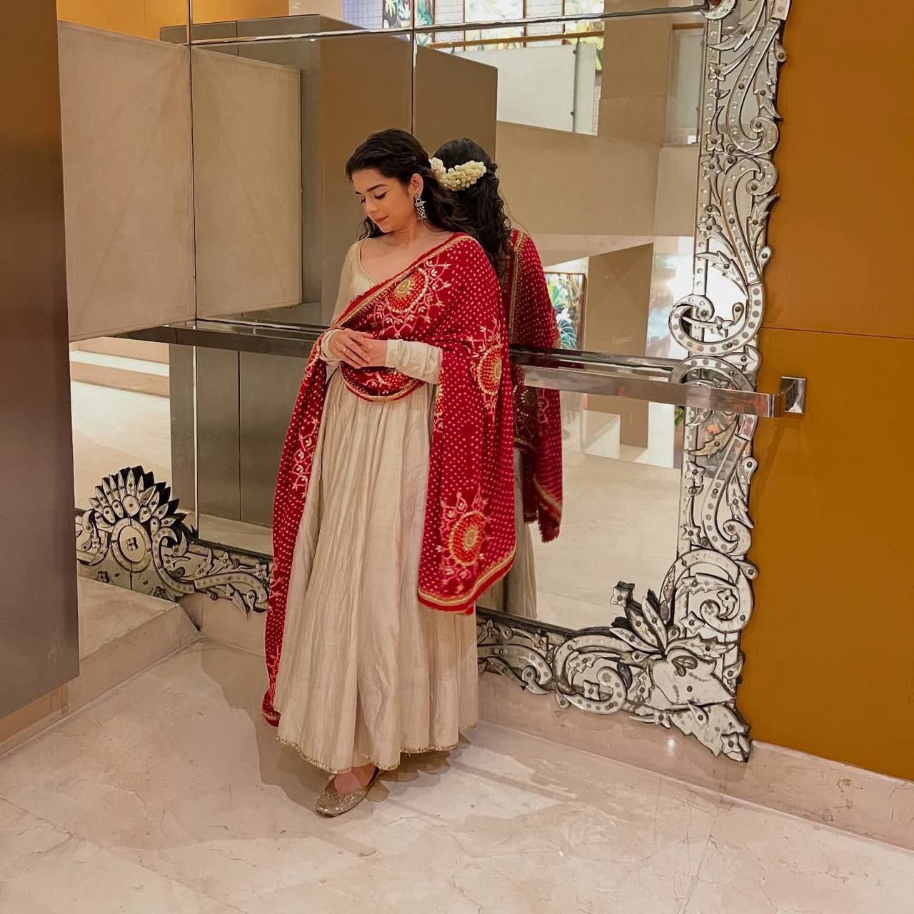 Roman Silk Flair Gown with Pant & Digital Print Dupatta – Elegant Festive Ensemble
