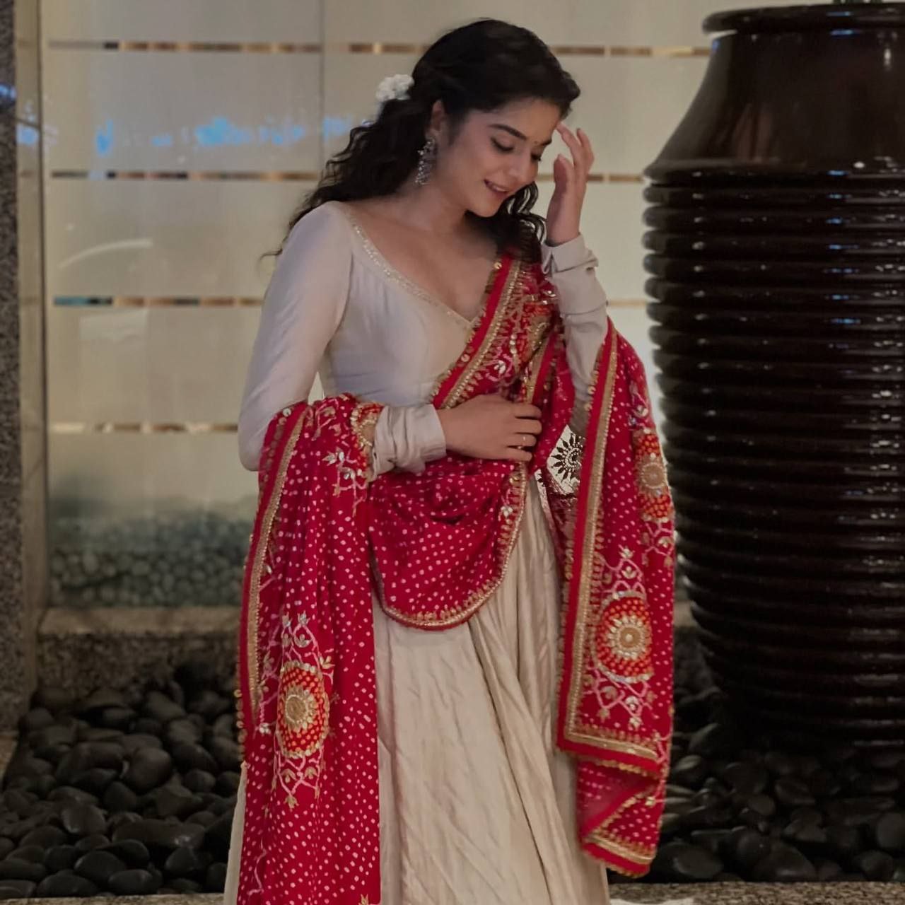 Roman Silk Flair Gown with Pant & Digital Print Dupatta – Elegant Festive Ensemble