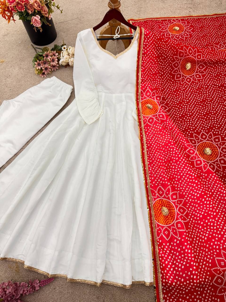 Roman Silk Flair Gown with Pant & Digital Print Dupatta – Elegant Festive Ensemble