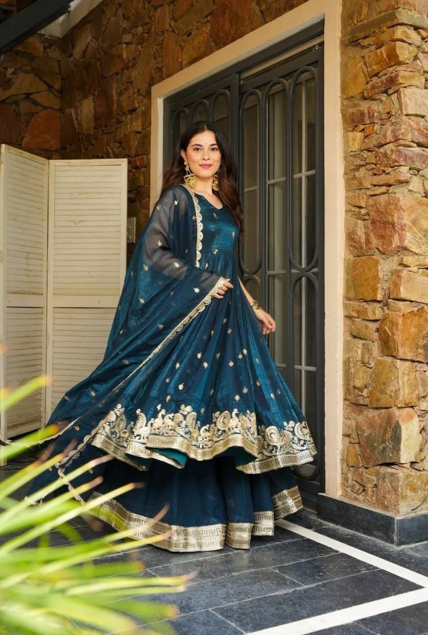 Elegant Heavy Embroidered Crunchy Silk Suit Set with Dupatta