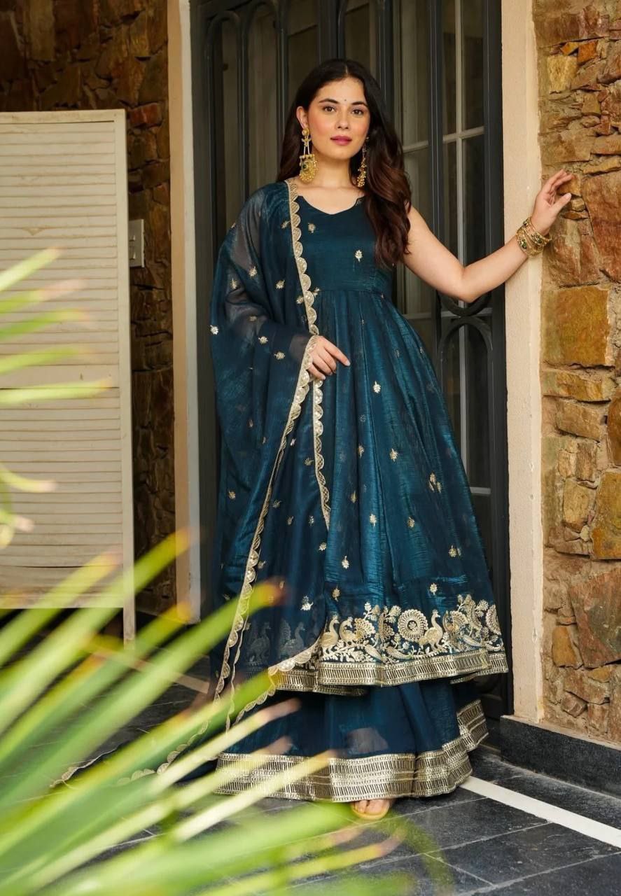 Elegant Heavy Embroidered Crunchy Silk Suit Set with Dupatta