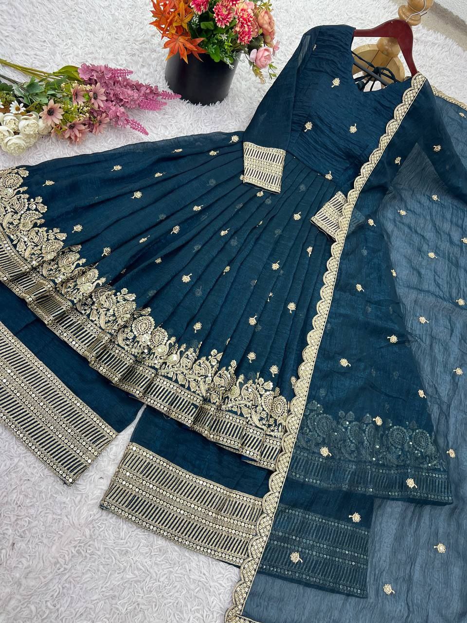 Elegant Heavy Embroidered Crunchy Silk Suit Set with Dupatta