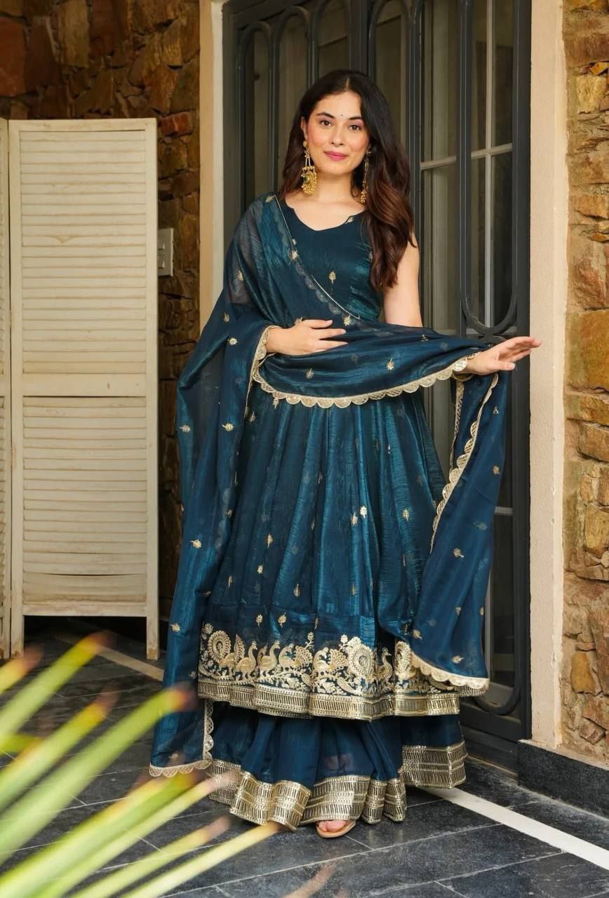Elegant Heavy Embroidered Crunchy Silk Suit Set with Dupatta