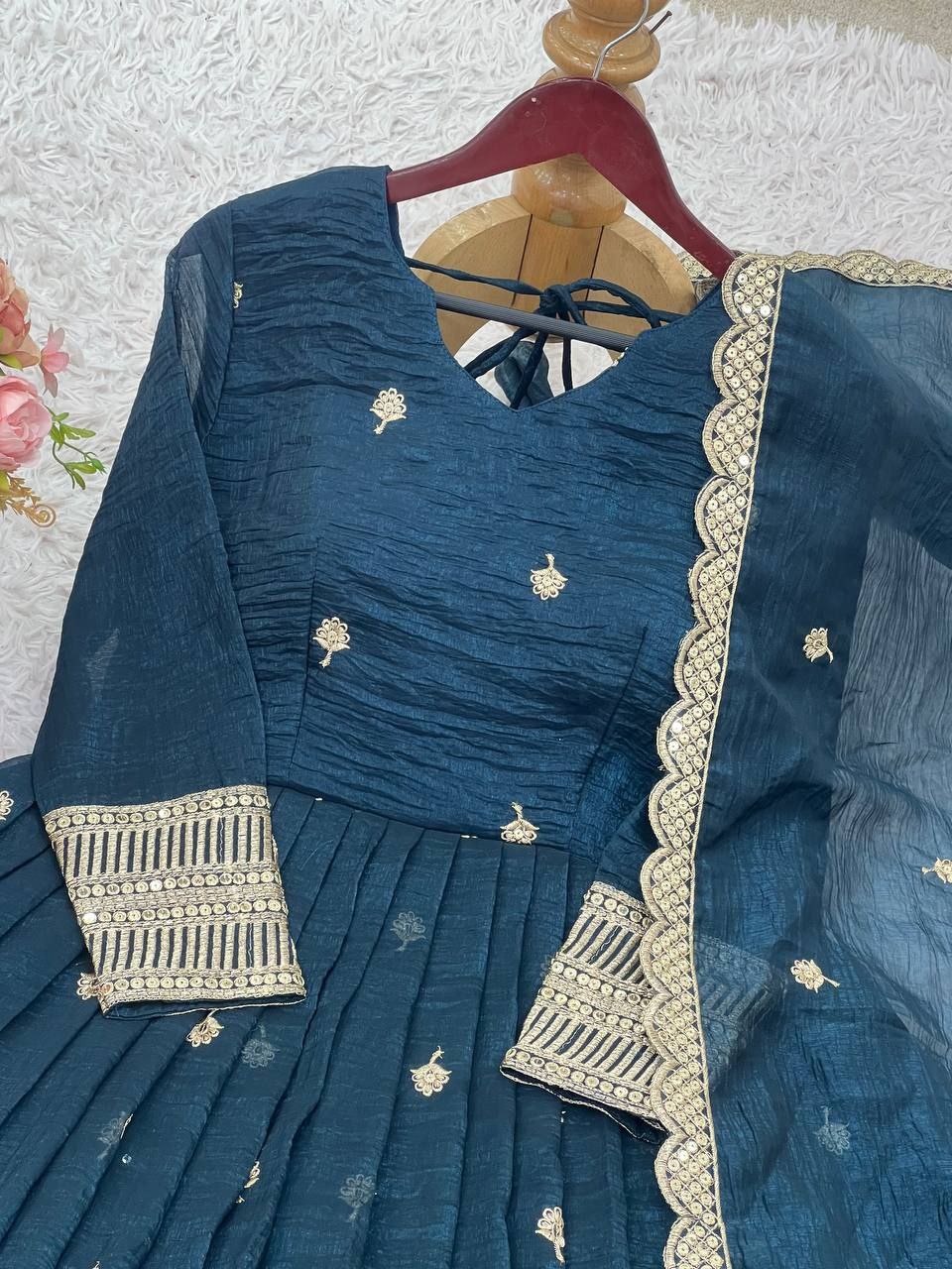 Elegant Heavy Embroidered Crunchy Silk Suit Set with Dupatta