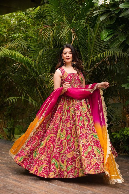 Elegant Organza Silk Printed Anarkali Gown with Dupatta