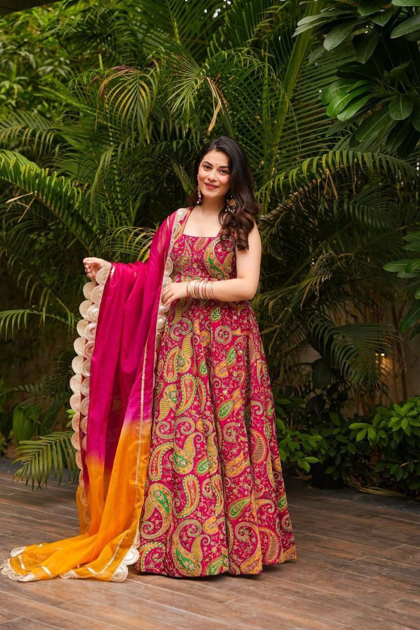 Elegant Organza Silk Printed Anarkali Gown with Dupatta