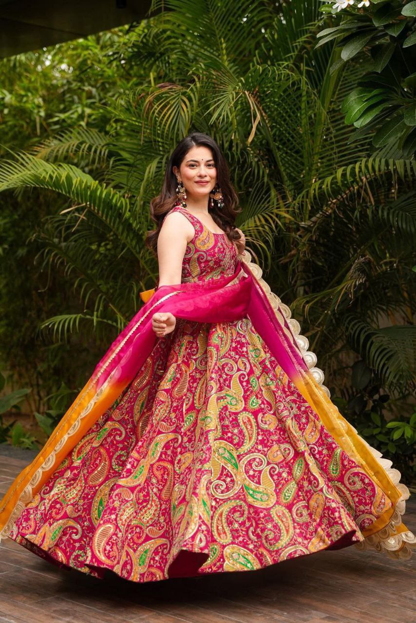 Elegant Organza Silk Printed Anarkali Gown with Dupatta