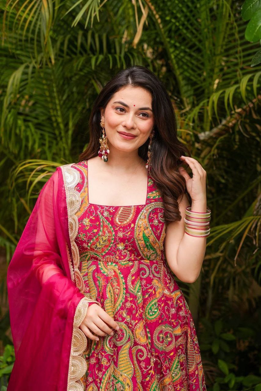 Elegant Organza Silk Printed Anarkali Gown with Dupatta
