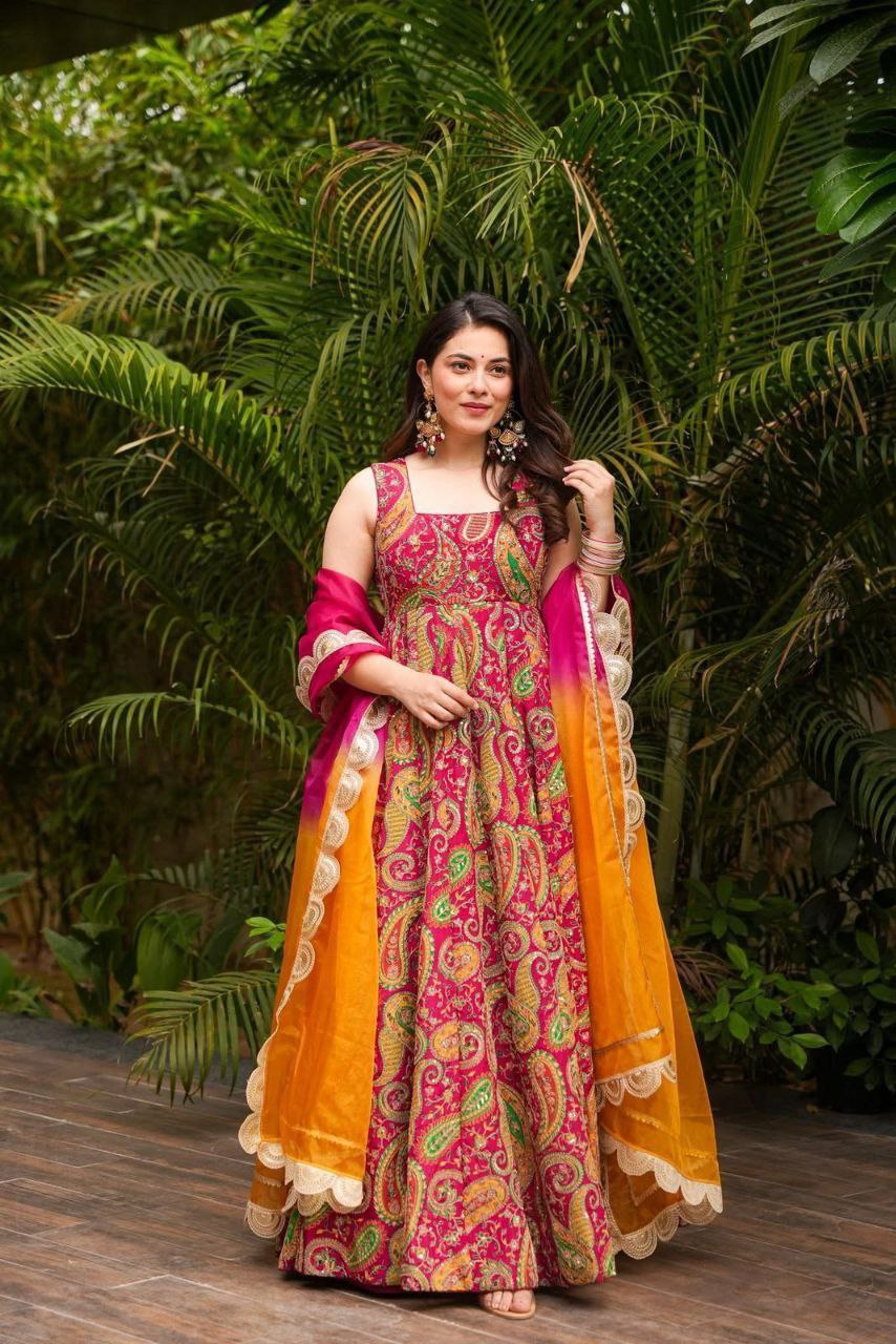 Elegant Organza Silk Printed Anarkali Gown with Dupatta