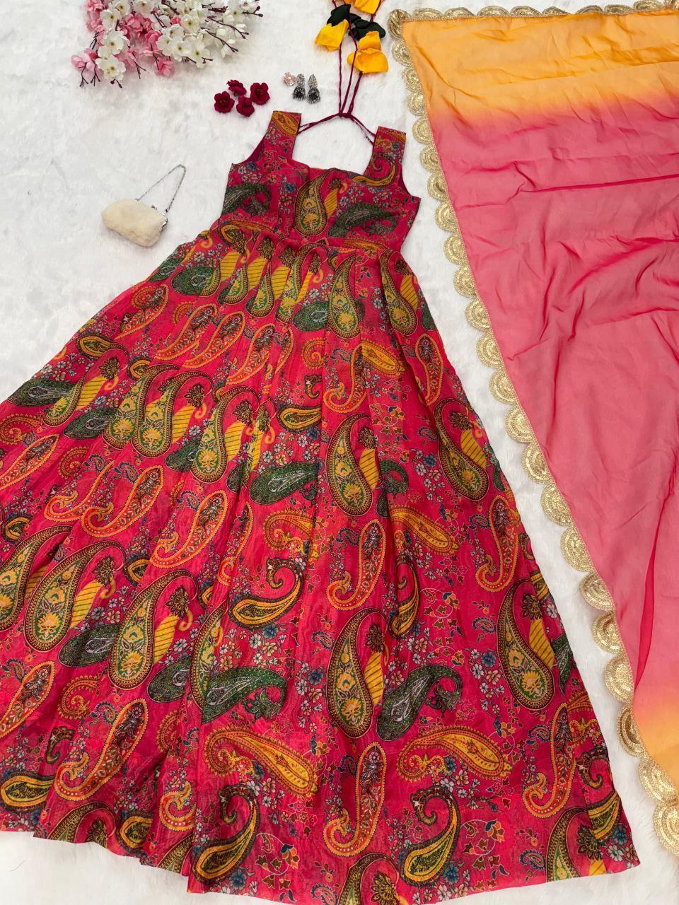 Elegant Organza Silk Printed Anarkali Gown with Dupatta