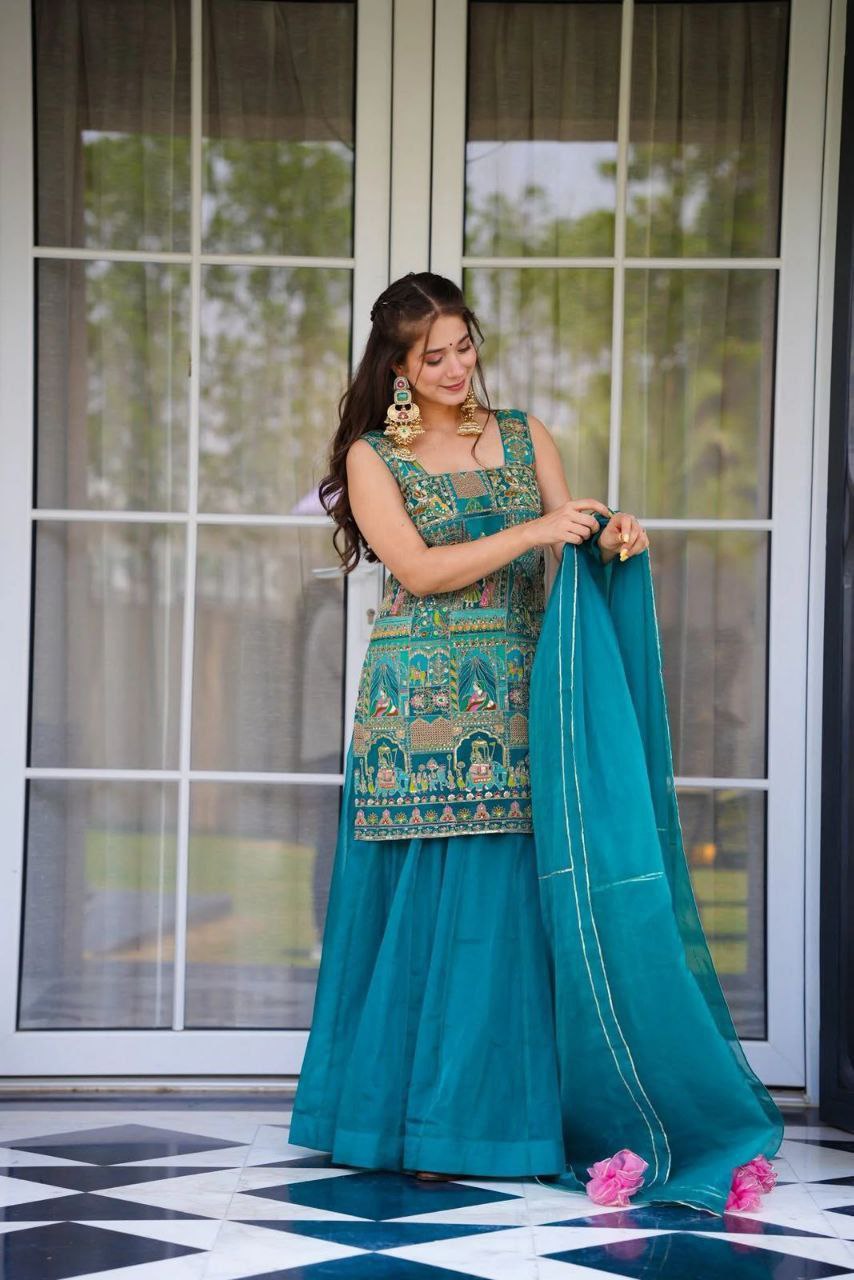 Elegant Jimmy Organza Digital Printed Suit Set with Gota Patti Dupatta