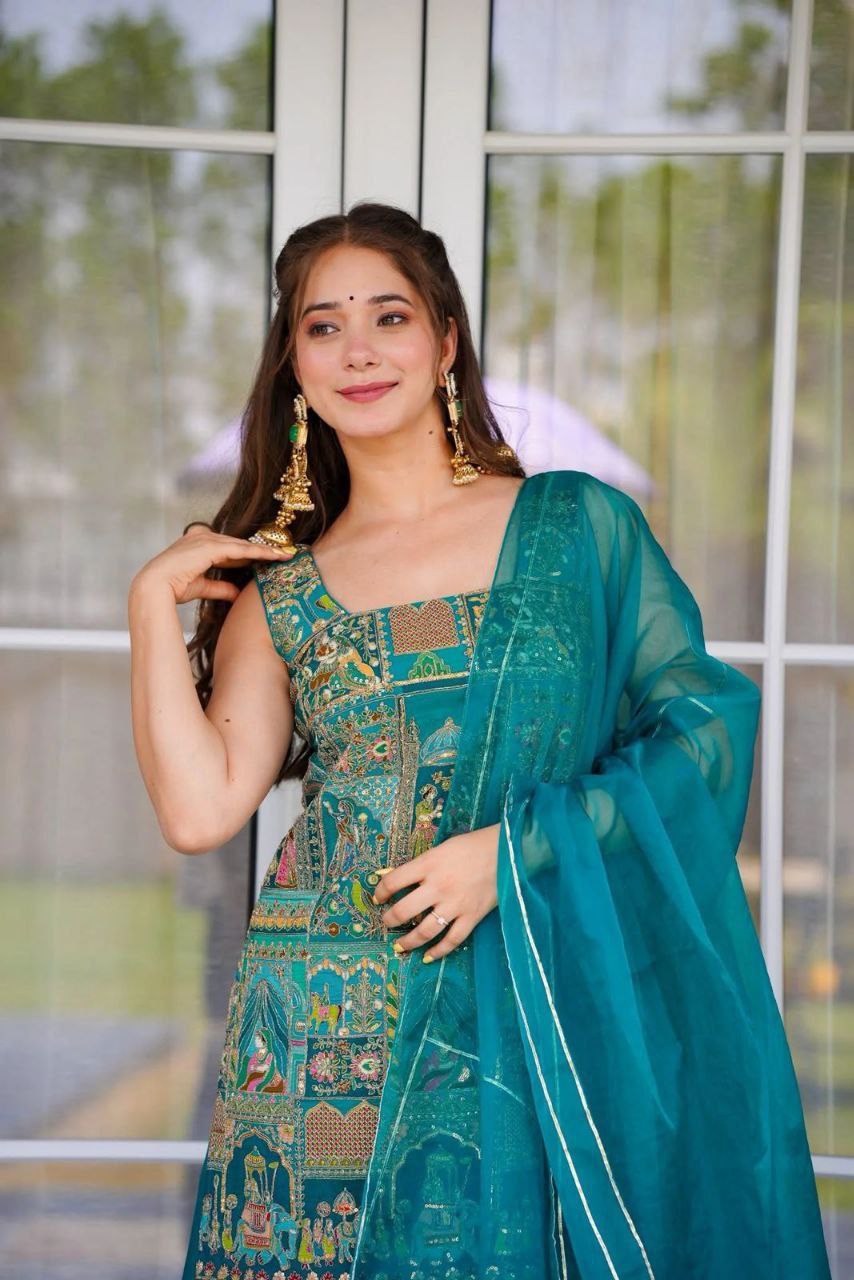 Elegant Jimmy Organza Digital Printed Suit Set with Gota Patti Dupatta