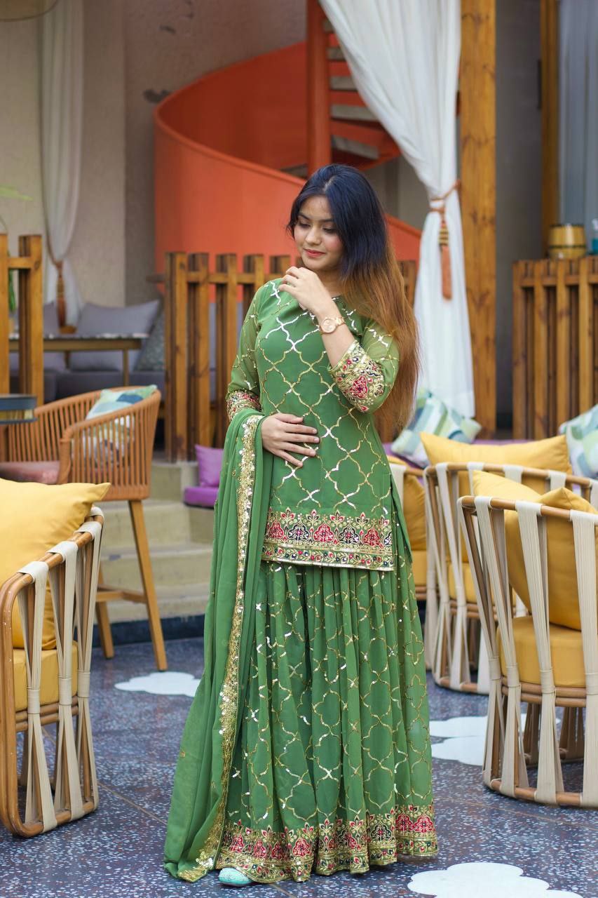Chinon Silk Embroidered Sharara Palazzo Set with Dupatta
