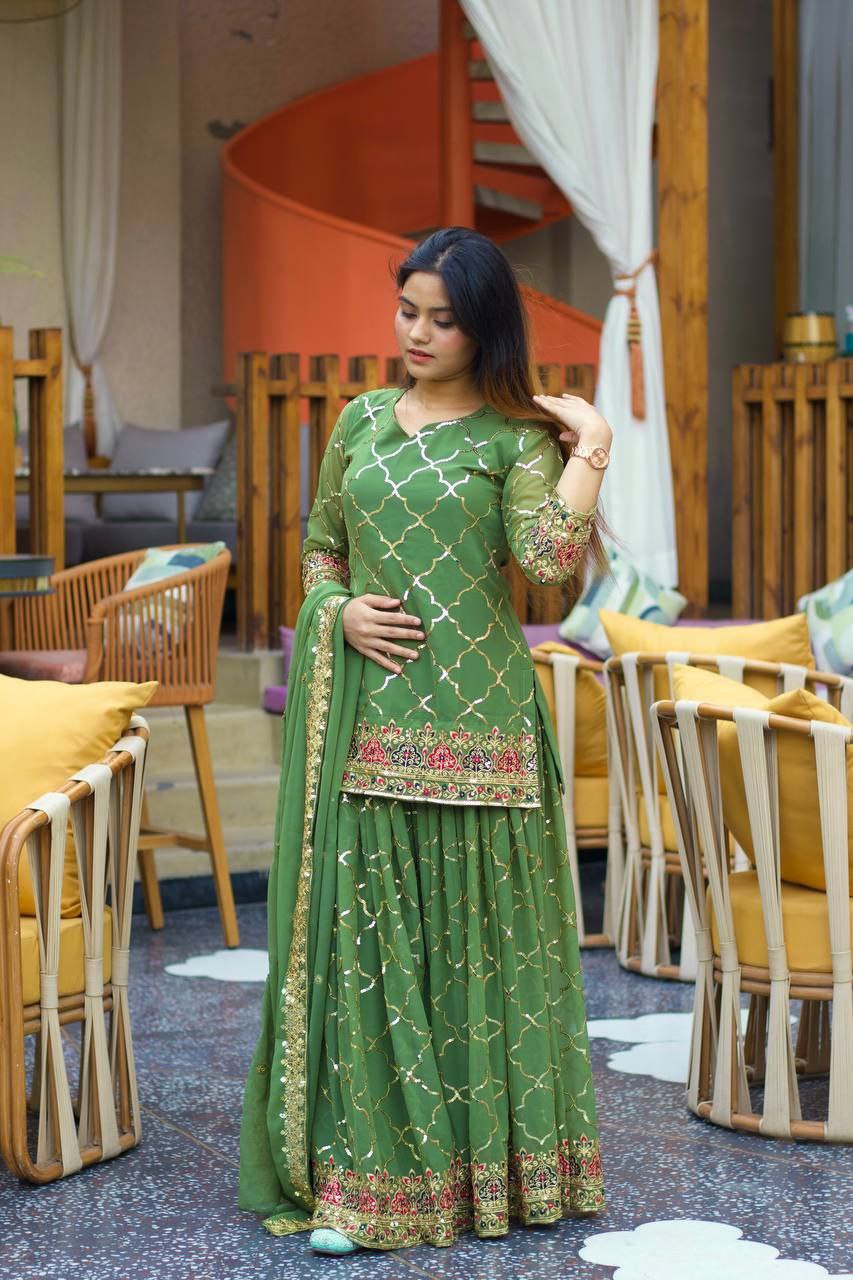 Chinon Silk Embroidered Sharara Palazzo Set with Dupatta