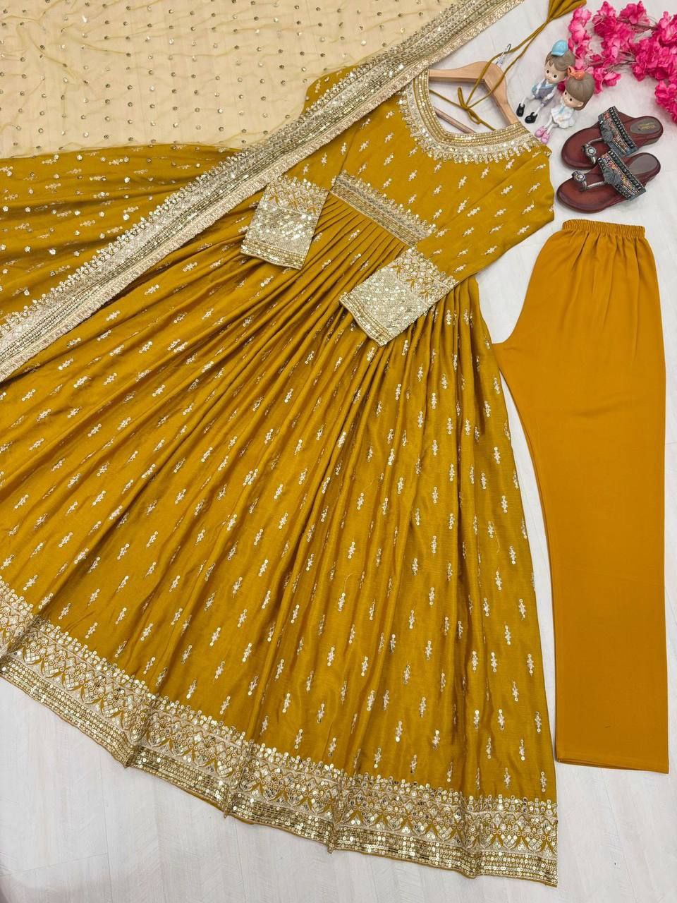 Premium  Chinon Silk Embroidered Party Wear Gown Set