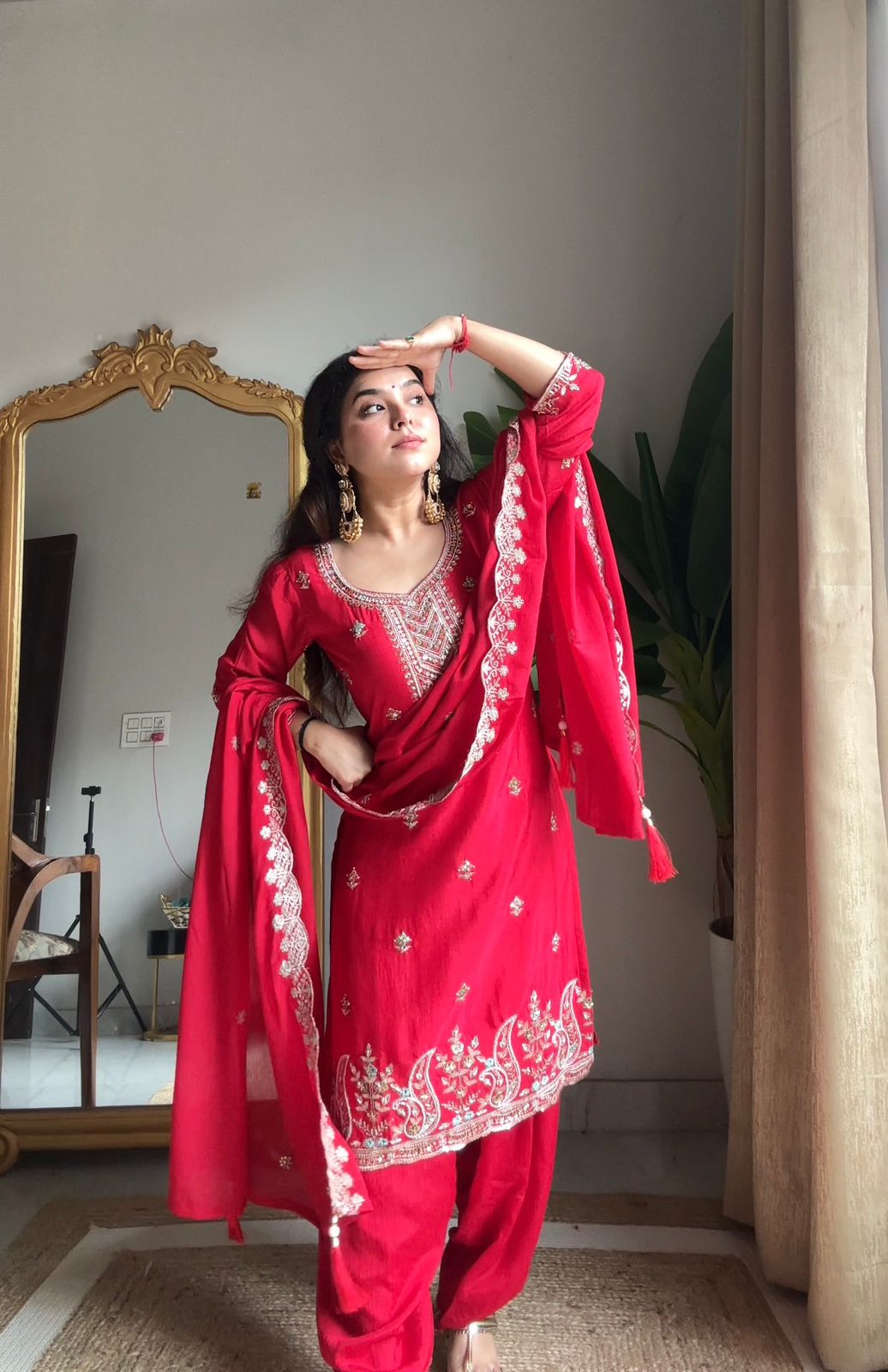 Red Chinon Kurti Salwar Set with Beaded Embroidered Dupatta – Party Wear