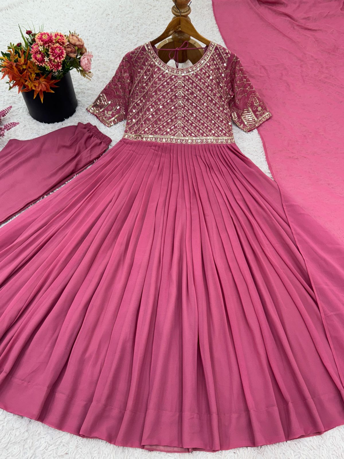 Premium Faux Georgette Embroidered Sequence Work Party Wear Gown