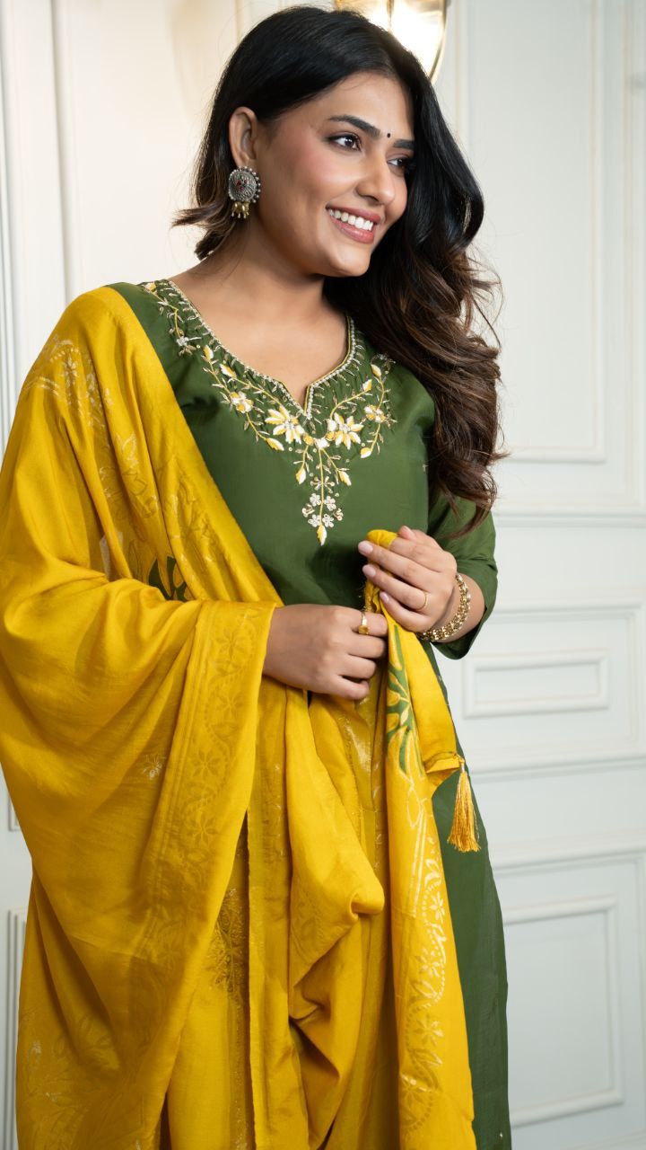 Premium Mahendi Roman Silk Hand Work Kurti Pant Dupatta Set
