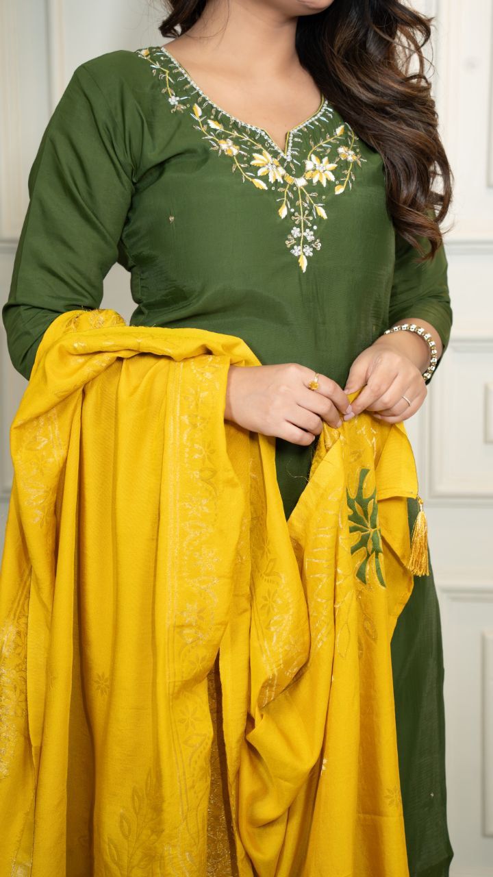 Premium Mahendi Roman Silk Hand Work Kurti Pant Dupatta Set