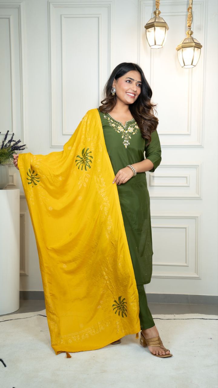 Premium Mahendi Roman Silk Hand Work Kurti Pant Dupatta Set
