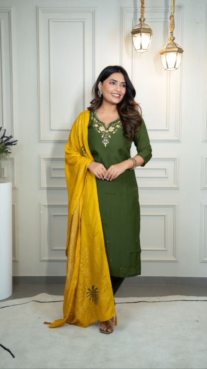 Premium Mahendi Roman Silk Hand Work Kurti Pant Dupatta Set