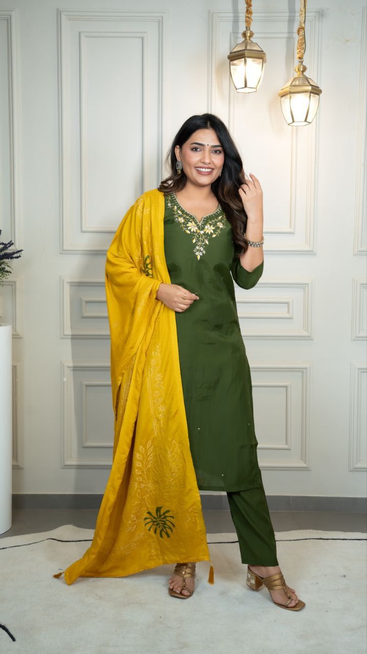 Premium Mahendi Roman Silk Hand Work Kurti Pant Dupatta Set