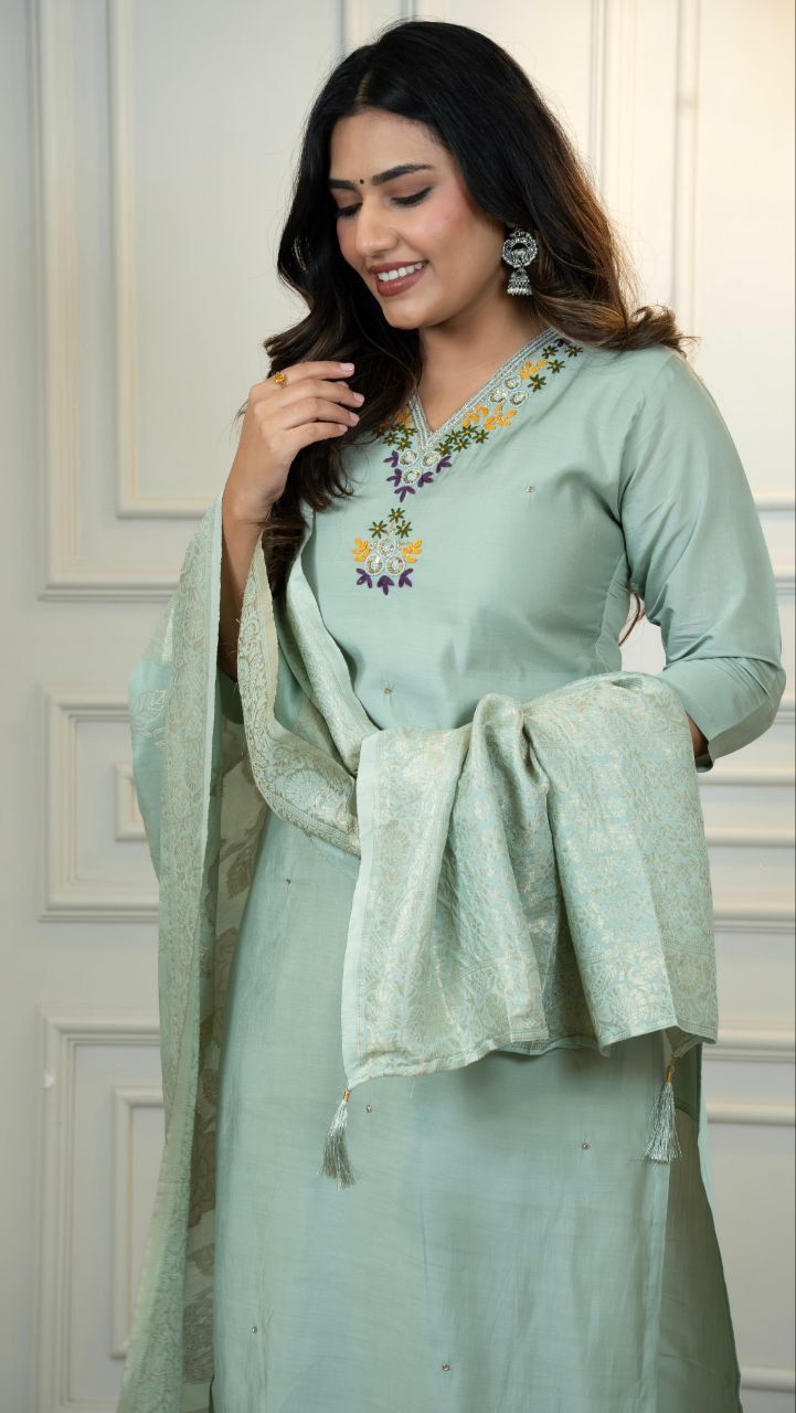 Premium Roman Silk Hand Work Kurti Pant Dupatta Set in C Green