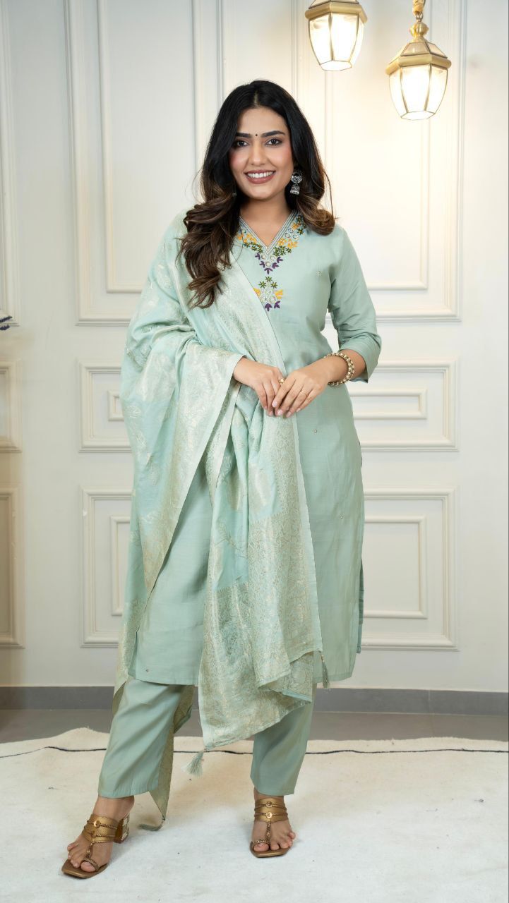 Premium Roman Silk Hand Work Kurti Pant Dupatta Set in C Green