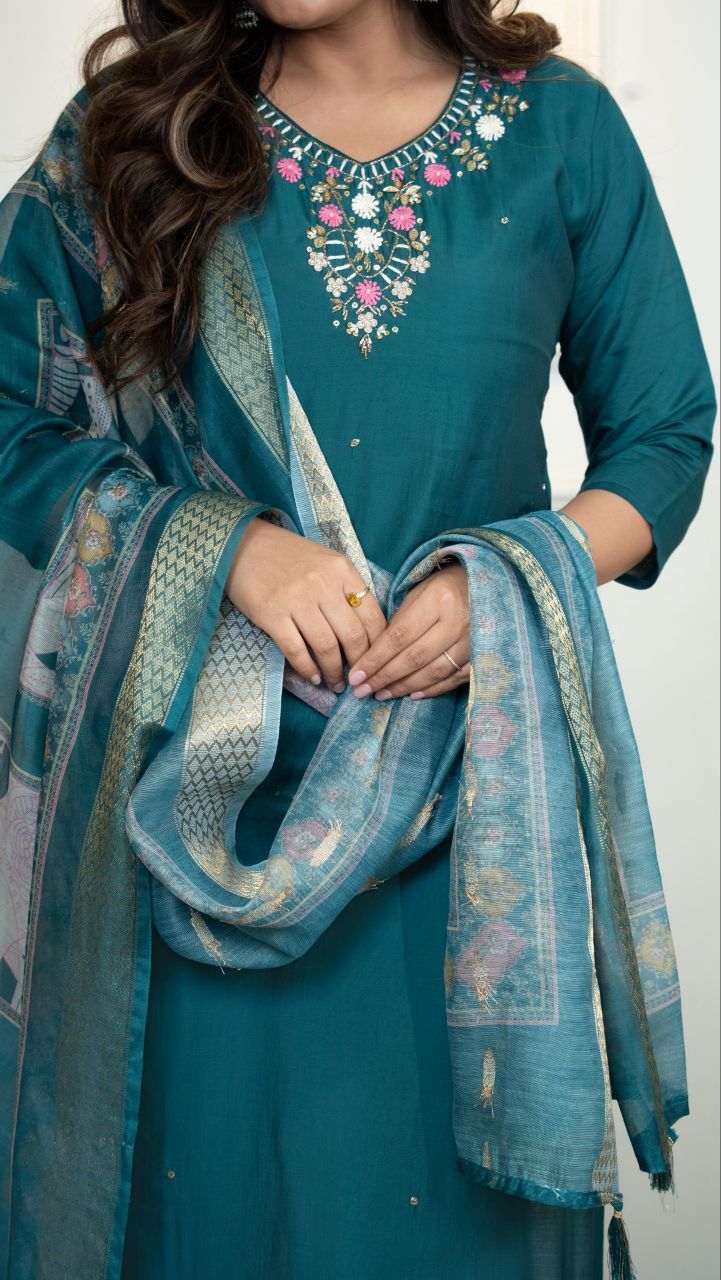 Premium Roman Silk Hand Work Kurti Pant Dupatta Set with Chanderi Dupatta