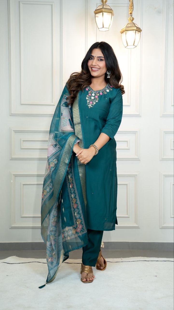 Premium Roman Silk Hand Work Kurti Pant Dupatta Set with Chanderi Dupatta