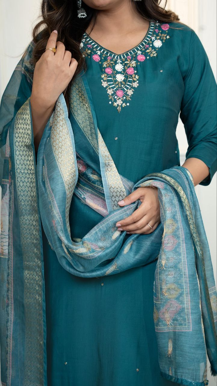 Premium Roman Silk Hand Work Kurti Pant Dupatta Set with Chanderi Dupatta