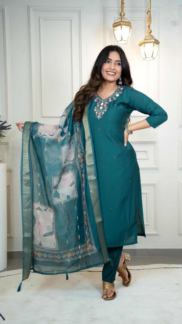 Premium Roman Silk Hand Work Kurti Pant Dupatta Set with Chanderi Dupatta