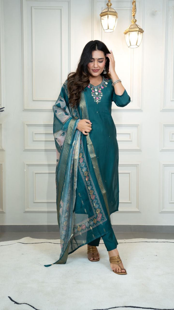 Premium Roman Silk Hand Work Kurti Pant Dupatta Set with Chanderi Dupatta