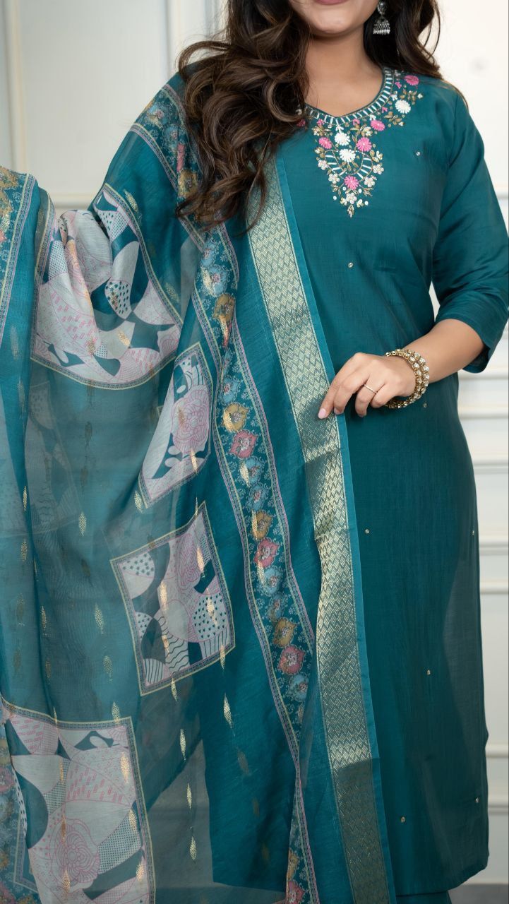 Premium Roman Silk Hand Work Kurti Pant Dupatta Set with Chanderi Dupatta