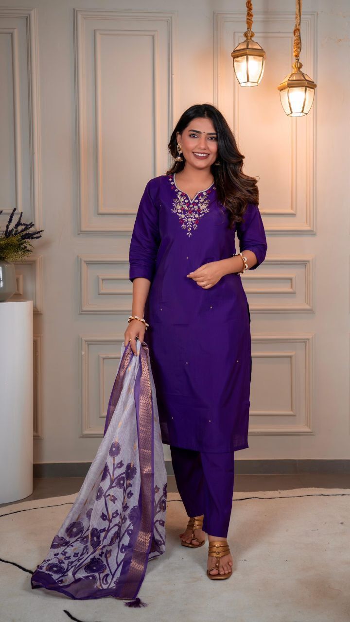 Premium Roman Silk Kurti Pant Dupatta Set with Hand Work and Chanderi Dupatta