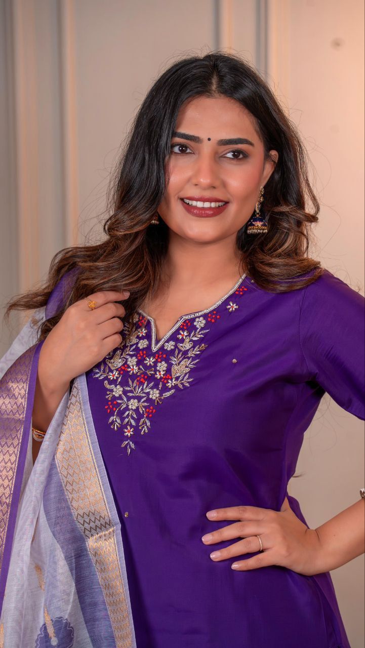 Premium Roman Silk Kurti Pant Dupatta Set with Hand Work and Chanderi Dupatta