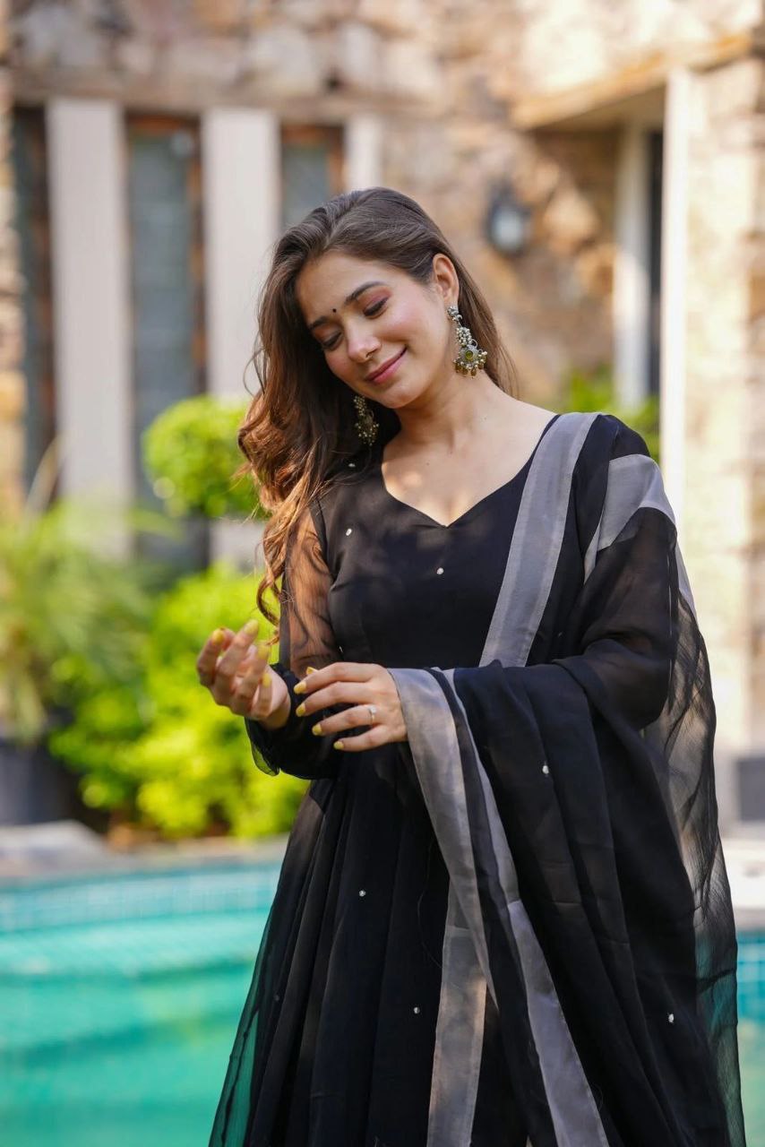 Pure Georgette Handprinted Anarkali Suit with Palazzo & Dupatta