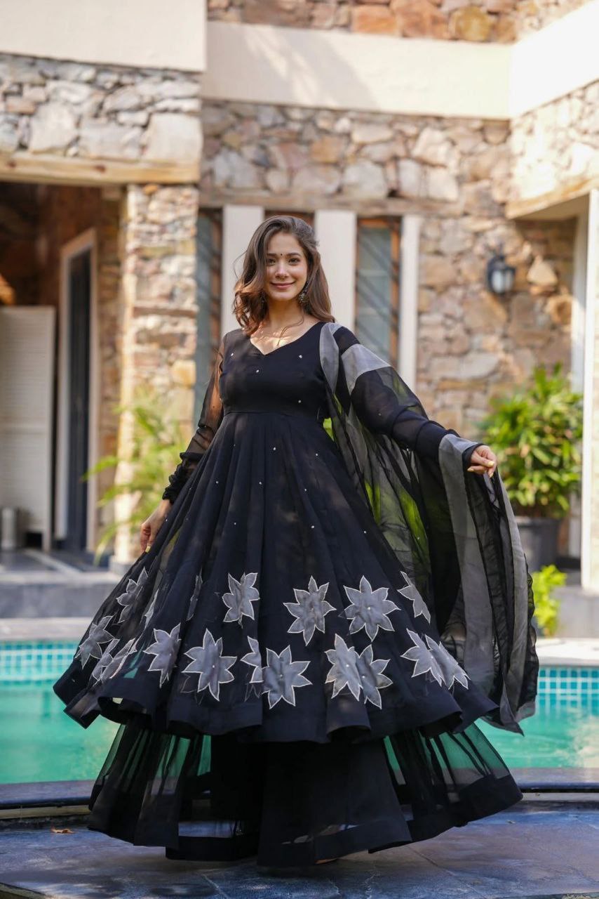Pure Georgette Handprinted Anarkali Suit with Palazzo & Dupatta