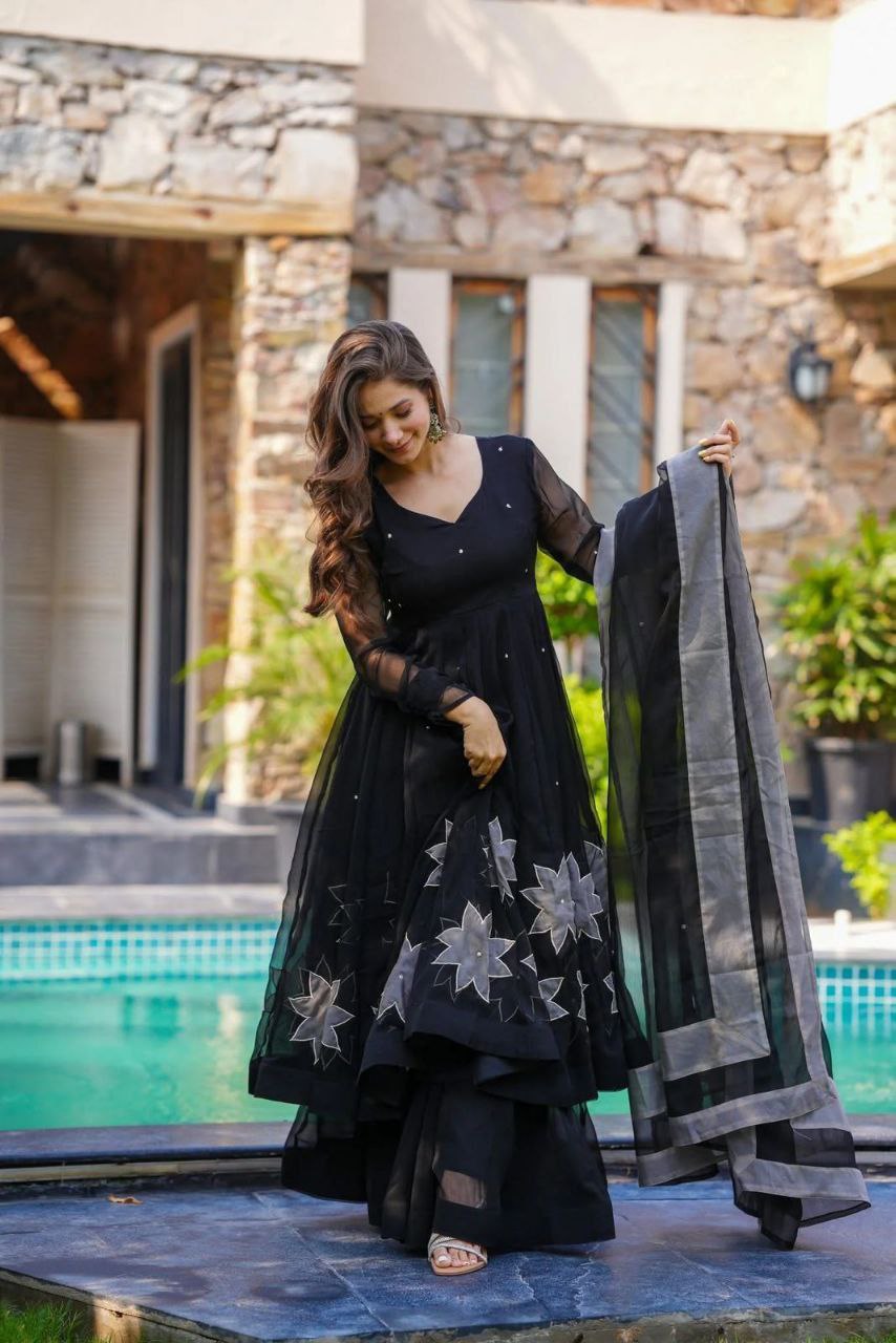 Pure Georgette Handprinted Anarkali Suit with Palazzo & Dupatta