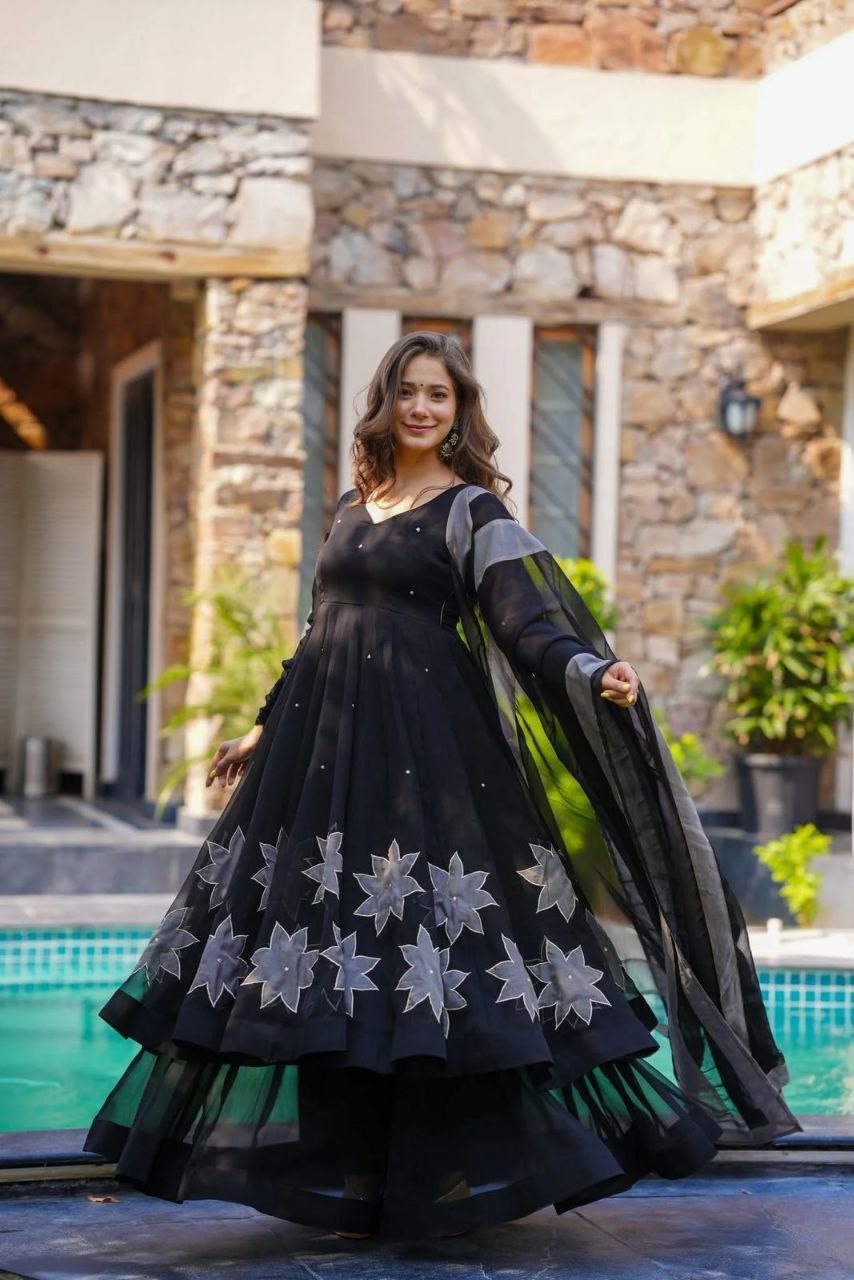 Pure Georgette Handprinted Anarkali Suit with Palazzo & Dupatta