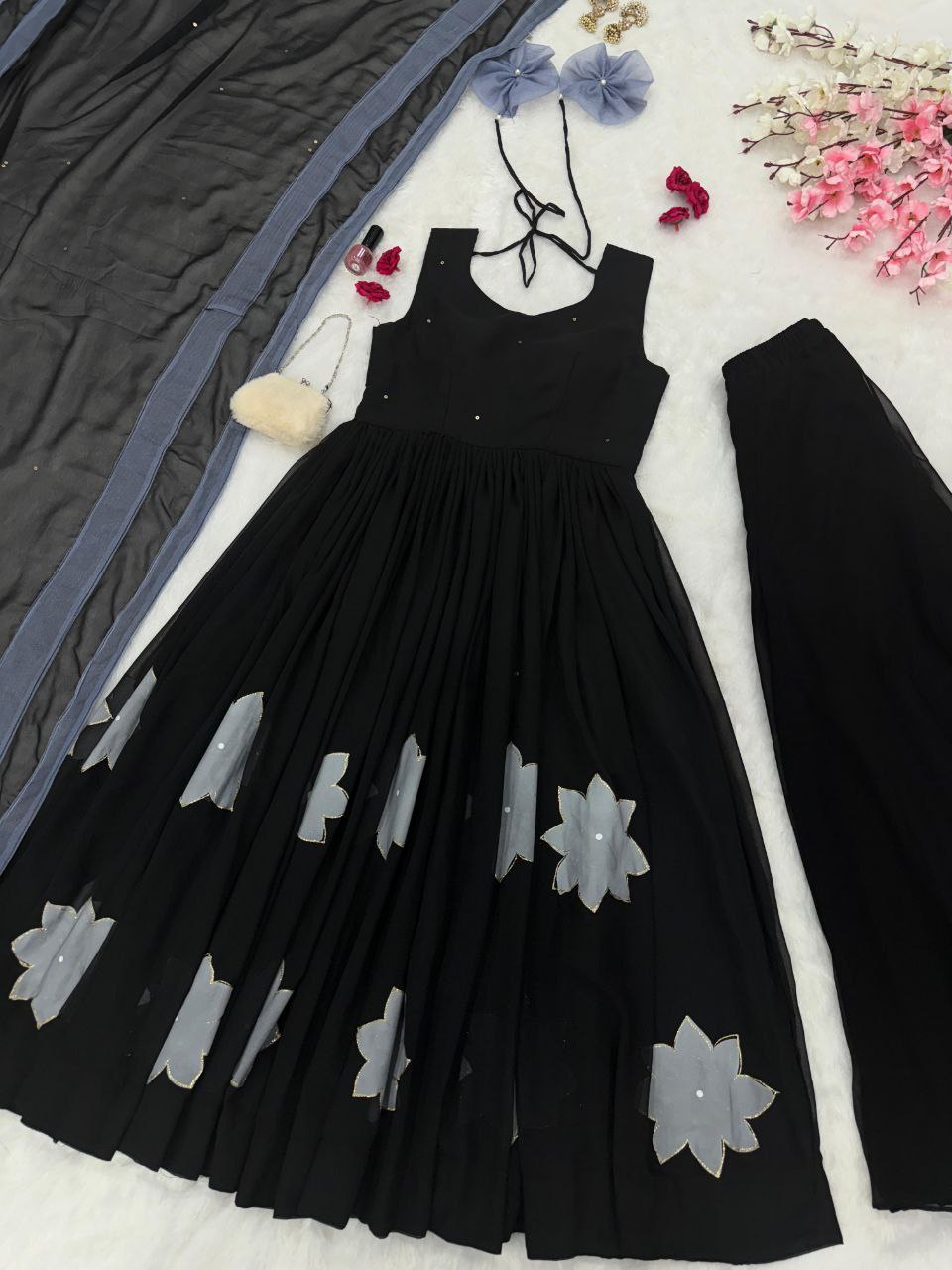 Pure Georgette Handprinted Anarkali Suit with Palazzo & Dupatta