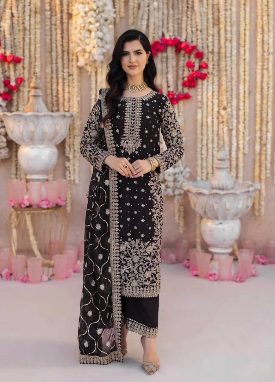 Heavy Faux Georgette Embroidered Sequence Work Top & Pent Set with Dupatta