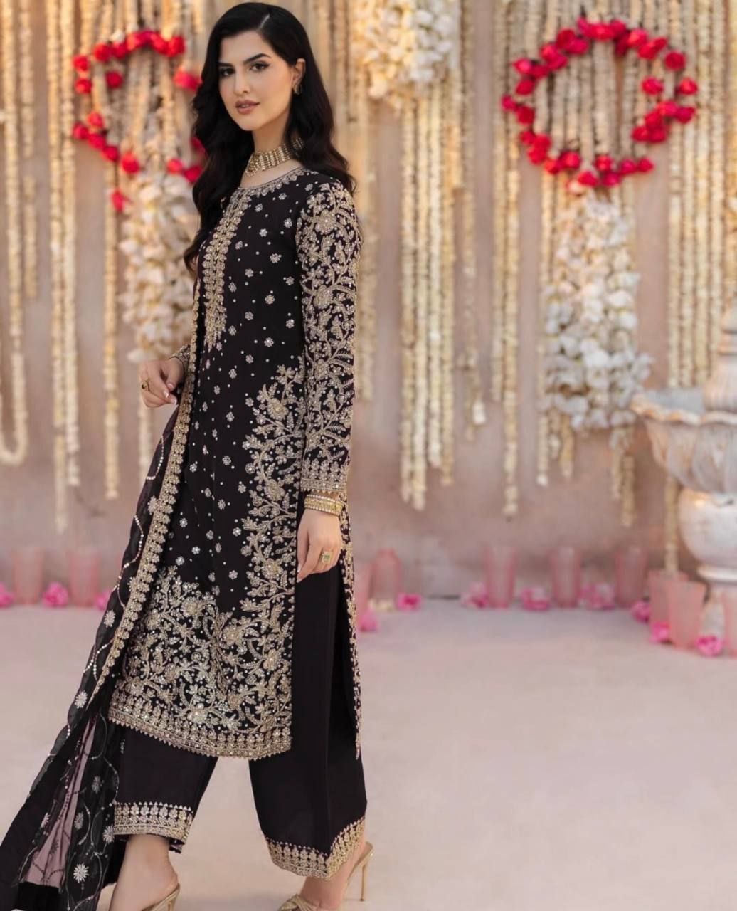 Heavy Faux Georgette Embroidered Sequence Work Top & Pent Set with Dupatta