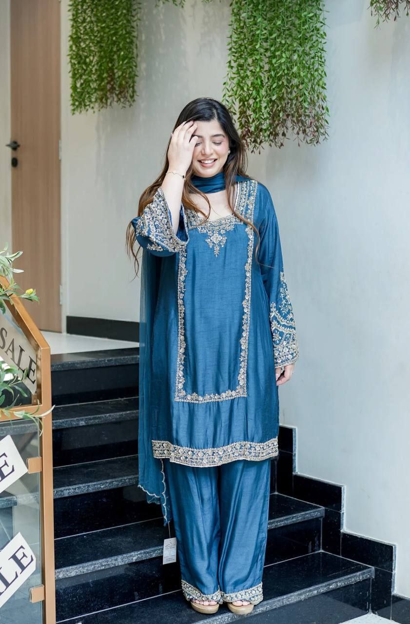 German Chiffon Embroidered Top & Plazzo Set with Dupatta