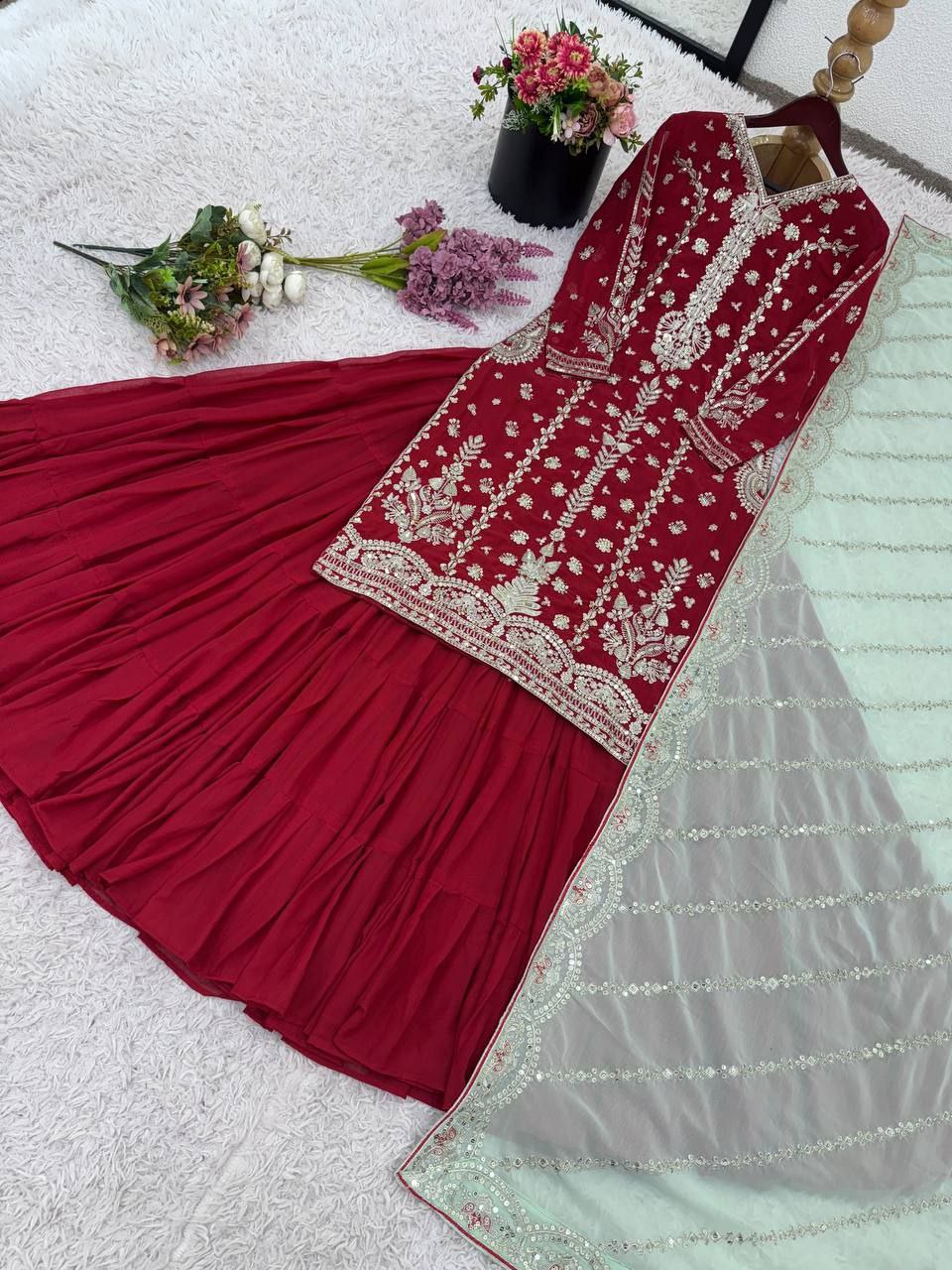 Faux Georgette Embroidered Lehenga Set with Dupatta