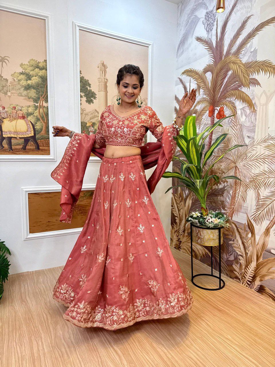 Sage Green & Burnt Rust-Orange Premium Shimmer Embroidered Lehenga, Blouse & Dupatta Set