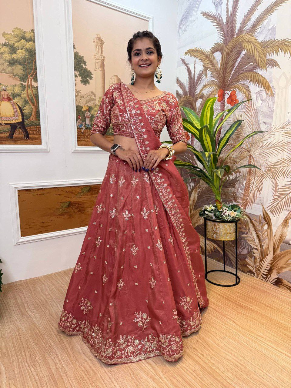 Sage Green & Burnt Rust-Orange Premium Shimmer Embroidered Lehenga, Blouse & Dupatta Set